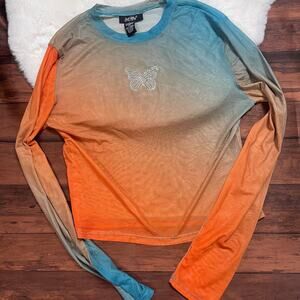 Just Polly Sheer Rhinestone‎ Butterfly Long Sleeve Ombre Orange Blue Crop Top L